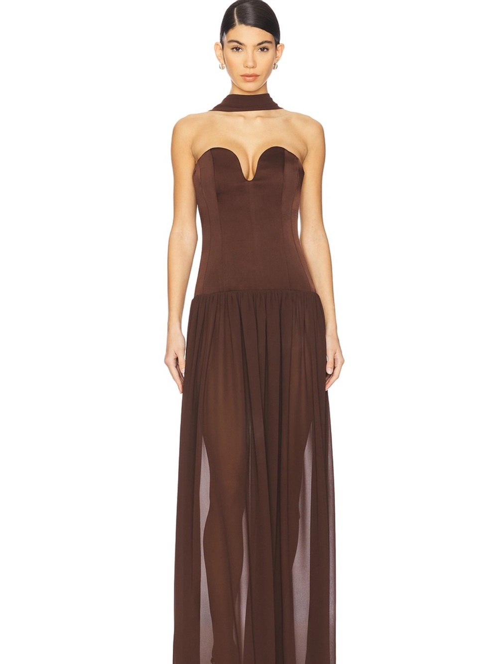 LPA Ada corset Chocolate Brown Maxi Dress with neck scarf